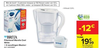 Carrefour Brita Filterkaraf Marella Cool White + 2 Navullingen Maxtra + aanbieding