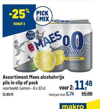 Makro Assortiment maes alcoholvrije pils in clip of pack aanbieding