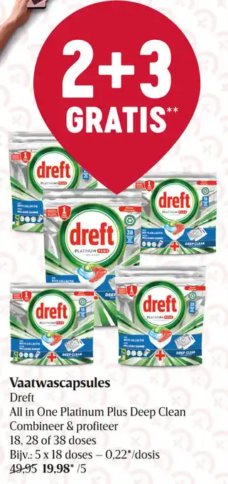 Delhaize Dreft Vaatwascapsules All in One Platinum Plus Deep Clean Combineer & Profiteer aanbieding