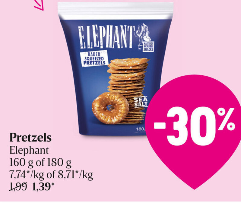 Elephant Pretzels 160g of 180g promotie bij Delhaize