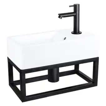 Differnz force fonteinset 40x22x11.5cm 1 kraangat gebogen mat zwarte kraan met sifon en afvoerplug fontein rechthoek keramiek