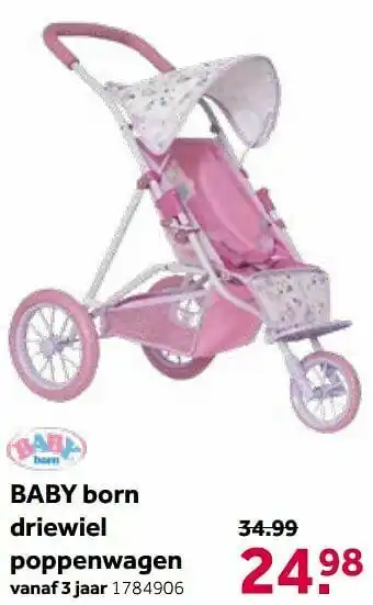 Intertoys Baby born driewiel poppenwagen aanbieding
