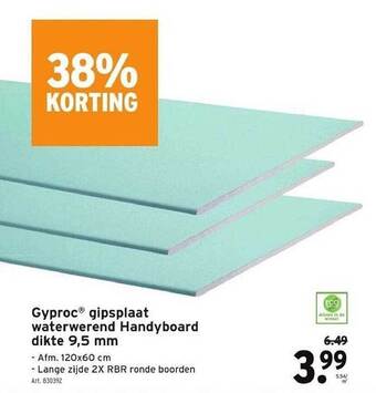 GAMMA Gyproc gipsplaat waterwerend handyboard dikte 9,5 mm aanbieding
