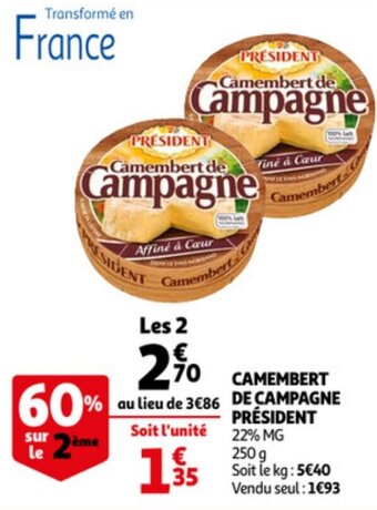 Auchan President Camembert De Campagne 250 g aanbieding