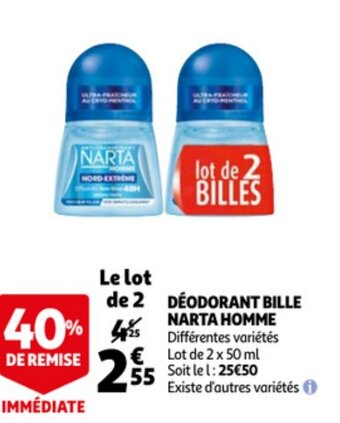 Auchan Deodorant bille narta homme 2x50ml aanbieding