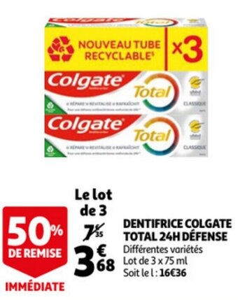 Auchan Dentifrice colgate total 24h defense 3x75ml aanbieding