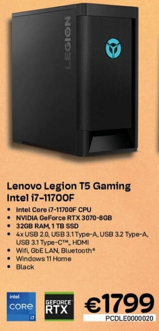 CompuDeals Lenovo Legion T5 Gaming Intel i7-11700F aanbieding