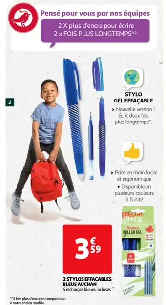 2 Stylos Effacables Bleus 4 Recharges bleues incluses