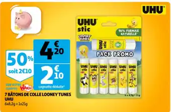 Auchan UHU 7 Batons De Colle Looney Tunes 6x8,2g + 1x21g aanbieding