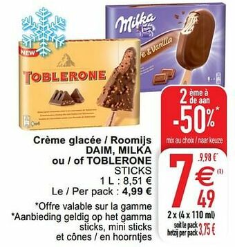 Crème glacée - roomijs daim milka ou - of toblerone sticks