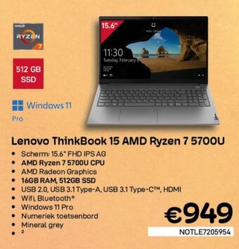CompuDeals Lenovo ThinkBook 15 AMD Ryzen 7 5700U aanbieding
