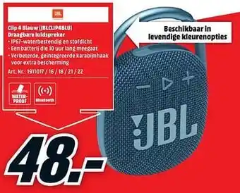 MediaMarkt Clip 4 blauw (jblclip4blu) draagbare luidspreker aanbieding