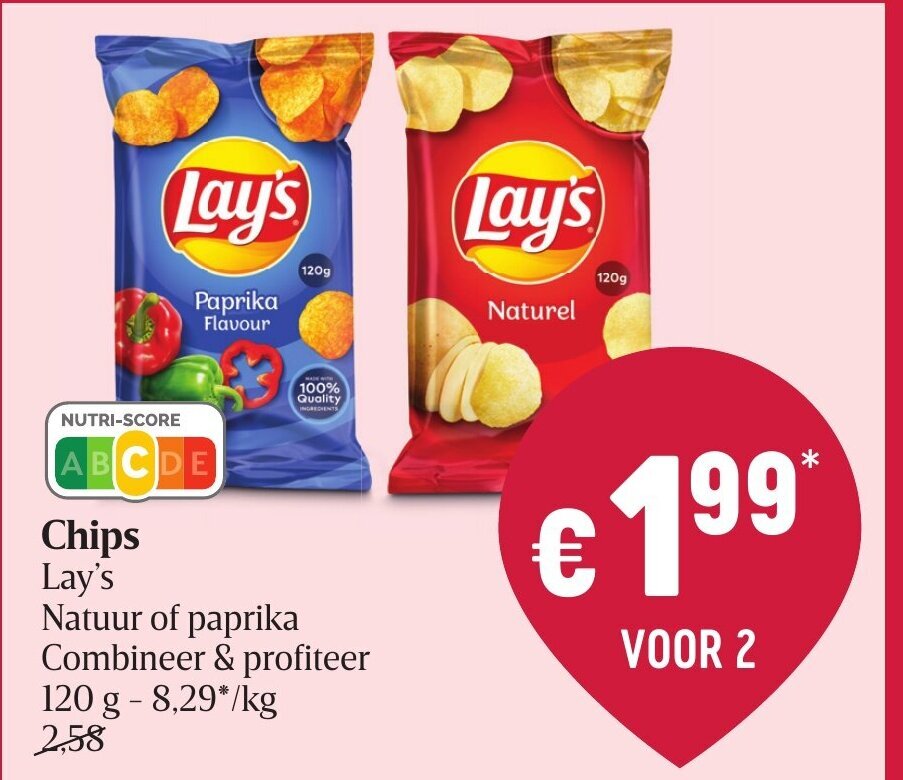 Lay's Chips Voor 2 Natuur of Paprika promotie bij Delhaize