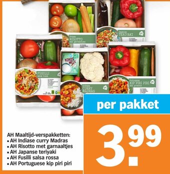 Albert Heijn AH Maaltijd-Verspakketten: Indiase Curry Madras, Risotto met Garnaaltjes, Japanse Teriyaki, Fusilli Salsa Rossa, Portuguese aanbieding