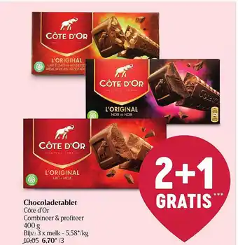 Delhaize Chocoladetablet côte d'or 2+1 gratis aanbieding