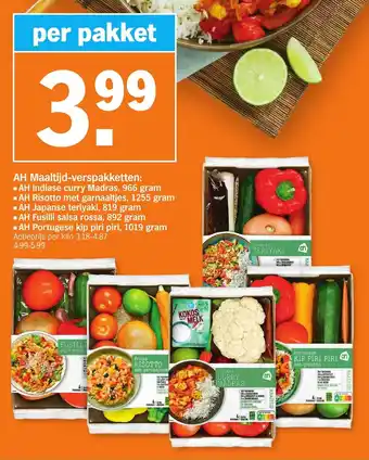 Albert Heijn AH Maaltijd-Verspakketten: Indiase Curry Madras, Risotto met Garnaaltjes, Japanse Teriyaki, Fusilli Salsa Rossa, Portuguese aanbieding