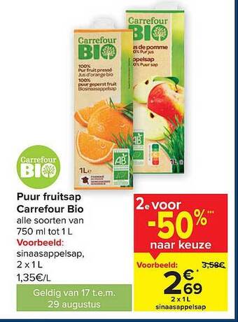 Carrefour Puur fruitsap carrefour bio aanbieding