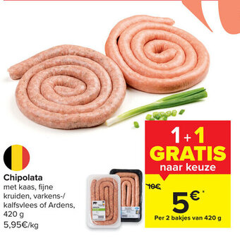 Carrefour Market Chipolata met kaas, fijne kruiden, varkens-/kalfsvlees of Ardens, 420 g aanbieding