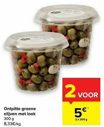 Carrefour Ontpitte groene olijven met look aanbieding