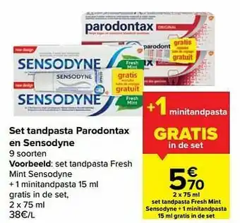 Carrefour Set tandpasta fresh mint sensodyne + 1 minitandpasta gratis in de set aanbieding