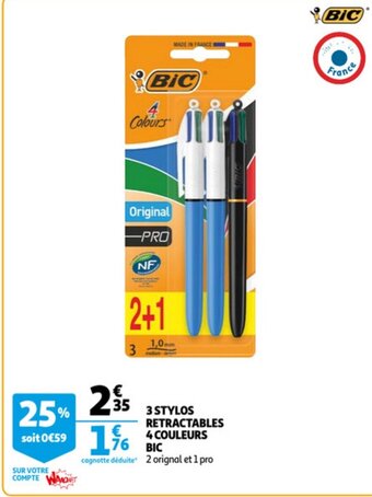 Auchan Bic 3 Stylos Retractables 4 Couleurs aanbieding