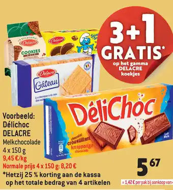Louis Delhaize Delichoc Delacre Melkchocolade 4 x 150g aanbieding