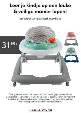Deze gave loopstoel is verkrijgbaar in de kleuren grijs, roze en blauw