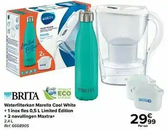 Carrefour Waterfilterkan marella cool white + 1 inox fles limited edition + 2 navullingen maxtra+ aanbieding