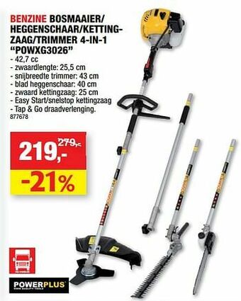Hubo Powerplus benzine bosmaaier- heggenschaar-kettingzaag-trimmer 4-in-1 powxg3026 aanbieding