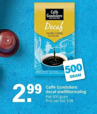 Albert Heijn Caffe Gondoliere Decaf Snelfiltermaling 500g aanbieding