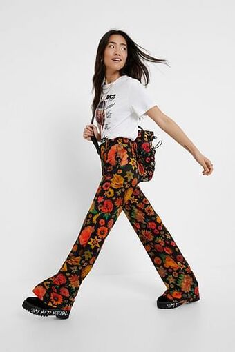 Gebloemde broek met wijde pijpen - BLACK - 34
