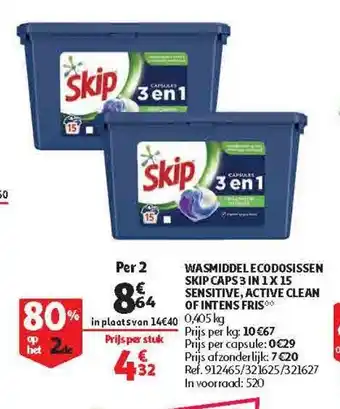 Auchan Wasmiddel Ecodosissen Skip Caps 3 in 1 x 15 Sensitive, Active Clean of Intens Fris aanbieding