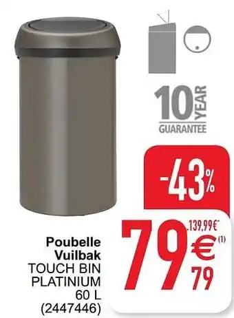 Cora Poubelle vuilbak touch bin platinium 60L aanbieding
