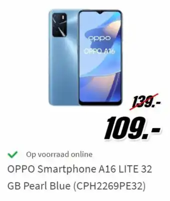 MediaMarkt Oppo Smartphone A16 Lite 32 GB Pearl Blue (CPH2269PE32) aanbieding