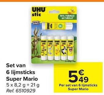 Carrefour Set van 6 lijmsticks super mario aanbieding