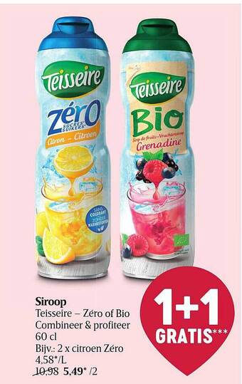 Delhaize Siroop teisseire - zéro of bio 1+1 gratis aanbieding