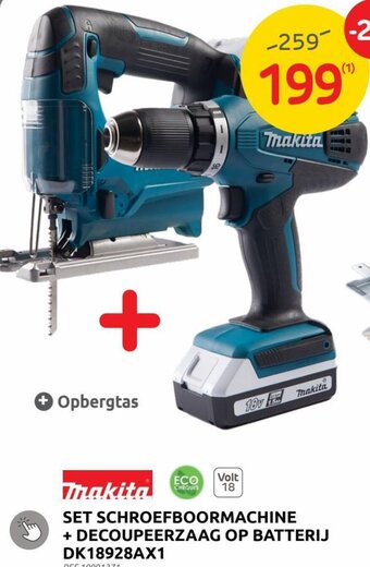 Brico Makita Set Schroefboormachine + Decoupeerzaag op Batterij DK18928AX1 aanbieding
