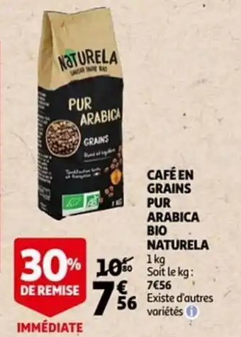 Auchan Cafe en Grains Pur Arabica Bio Naturela 1kg aanbieding