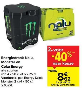 Carrefour Pak energy drink monster en Coke Energy aanbieding