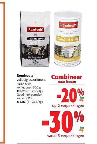 Colruyt Rombouts italian style koffiebonen, goudmerk gemalen koffie aanbieding