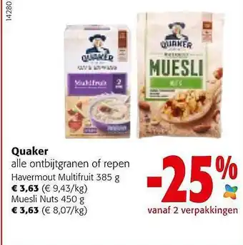 Colruyt Quaker ontbijtgranen of repen aanbieding