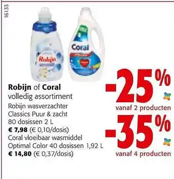 Colruyt Robijn of coral volledig assortiment robijn wasverzachter classic puur & zacht coral vloeibaar washmiddel optimal color 40 do aanbieding