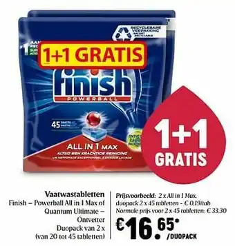 Delhaize Vaatwastabletten finish - powerball all in 1 max aanbieding