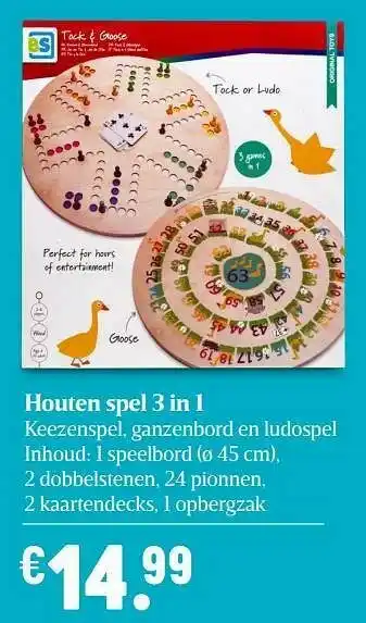 Houten spel 3 in 1 keezenspel ganzenbord en ludospel