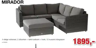 Mirador 4-delige wickerset, 2 zitbanken + tafel/voetbank + hoek