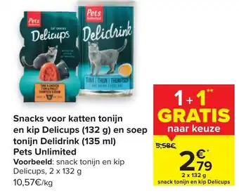 Carrefour Snacks voor katten tonijn en kip delicups 132g aanbieding