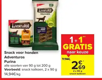 Carrefour Snacks voor honden Adventuros Purina 2 X 90 g aanbieding