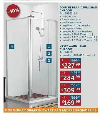 Zelfbouwmarkt Douche Draaideur Urian Chroom, Vaste Wand Urian Chroom aanbieding