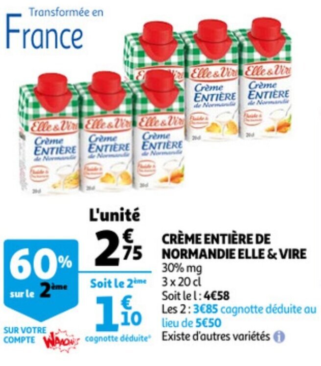 Creme Entiere De Normandie Elle & Vire promotie bij Auchan