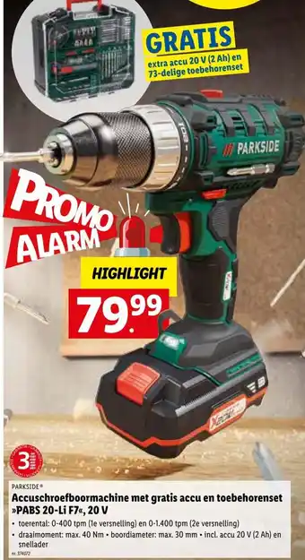 Lidl Accuschroefboormachine met gratis accu en toebehorenset PABS 20-Li F7 20V aanbieding